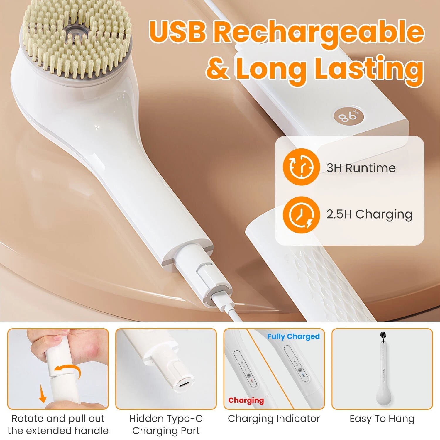 Electric Body Brush Sponge Brush Shower Back Scrubber Long Handle Waterproof