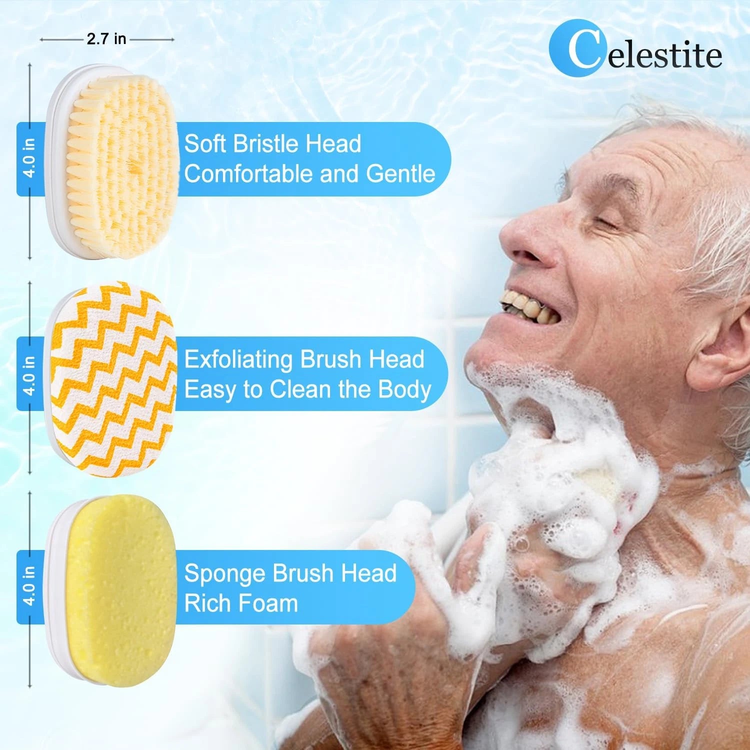 Celestite 20” Long Handle Shower Brush for Body, Back Scrubber for Shower with 3