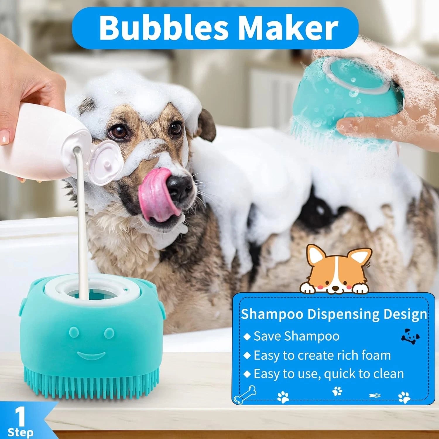 6PCS Dog Bath Brush & Dog Toothbrush | Adjustable Handle Shampoo Brush