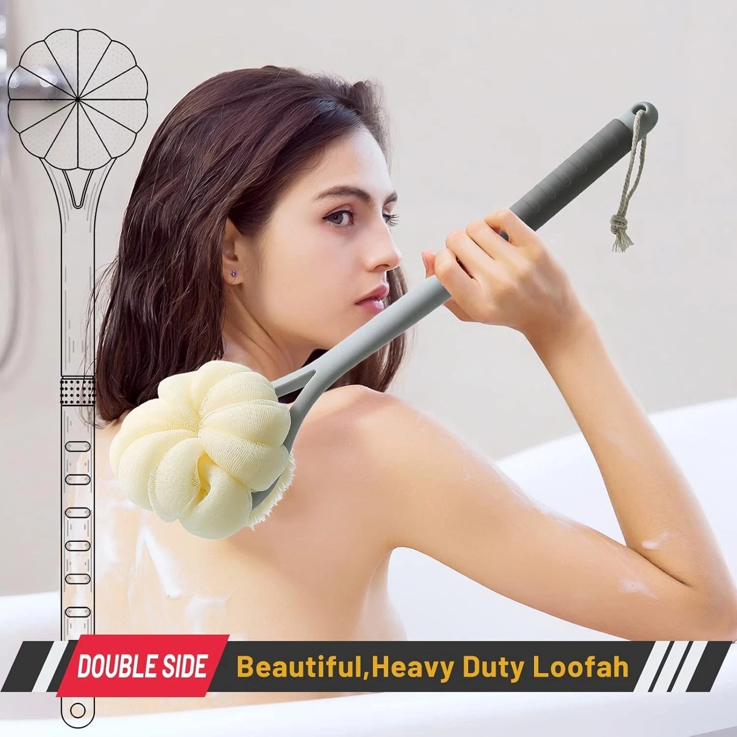 14-Inch  Shower Brush with Loofah and Soft Bristles for All Skin Types