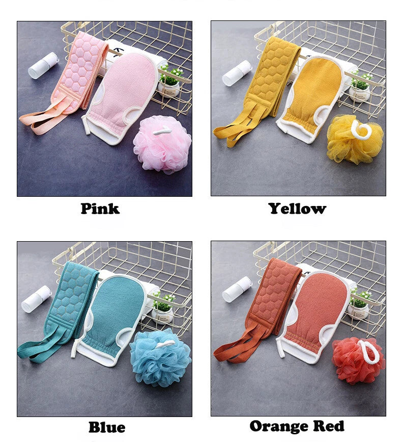 Exfoliating Back Scrubber Shower Bath Body Washer Glove Mitt Sponge Brush Set