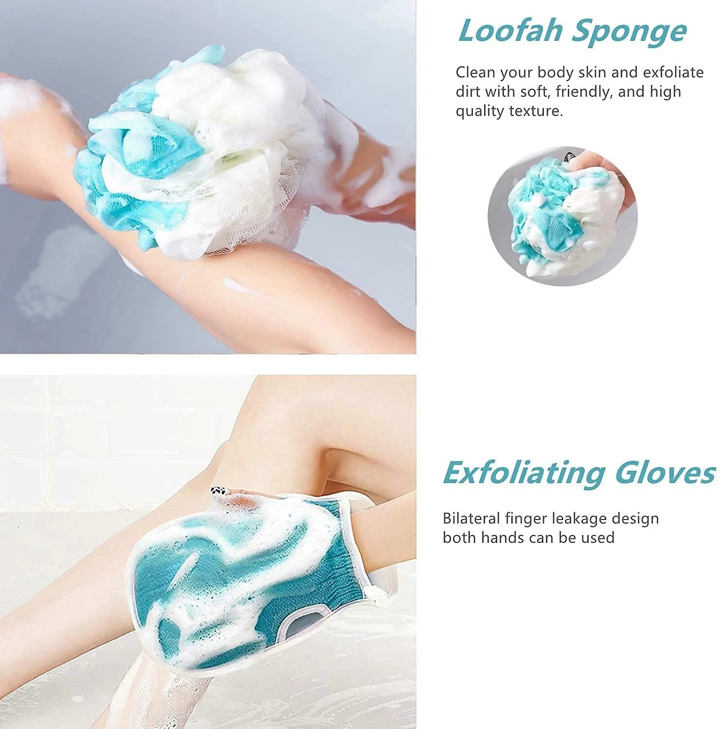 Exfoliating Back Scrubber Shower Bath Body Washer Glove Mitt Sponge Brush Set