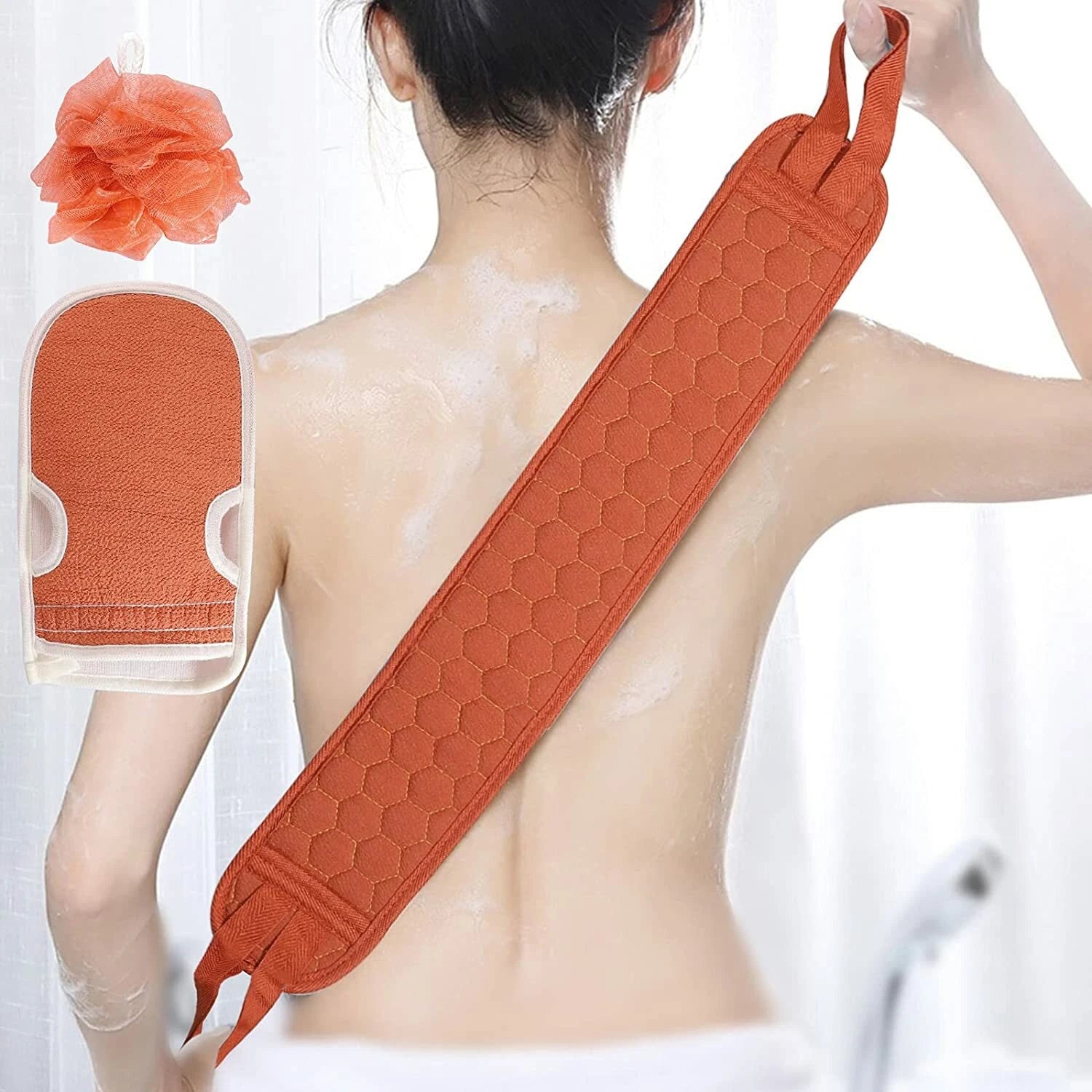 Exfoliating Back Scrubber Shower Bath Body Washer Glove Mitt Sponge Brush Set