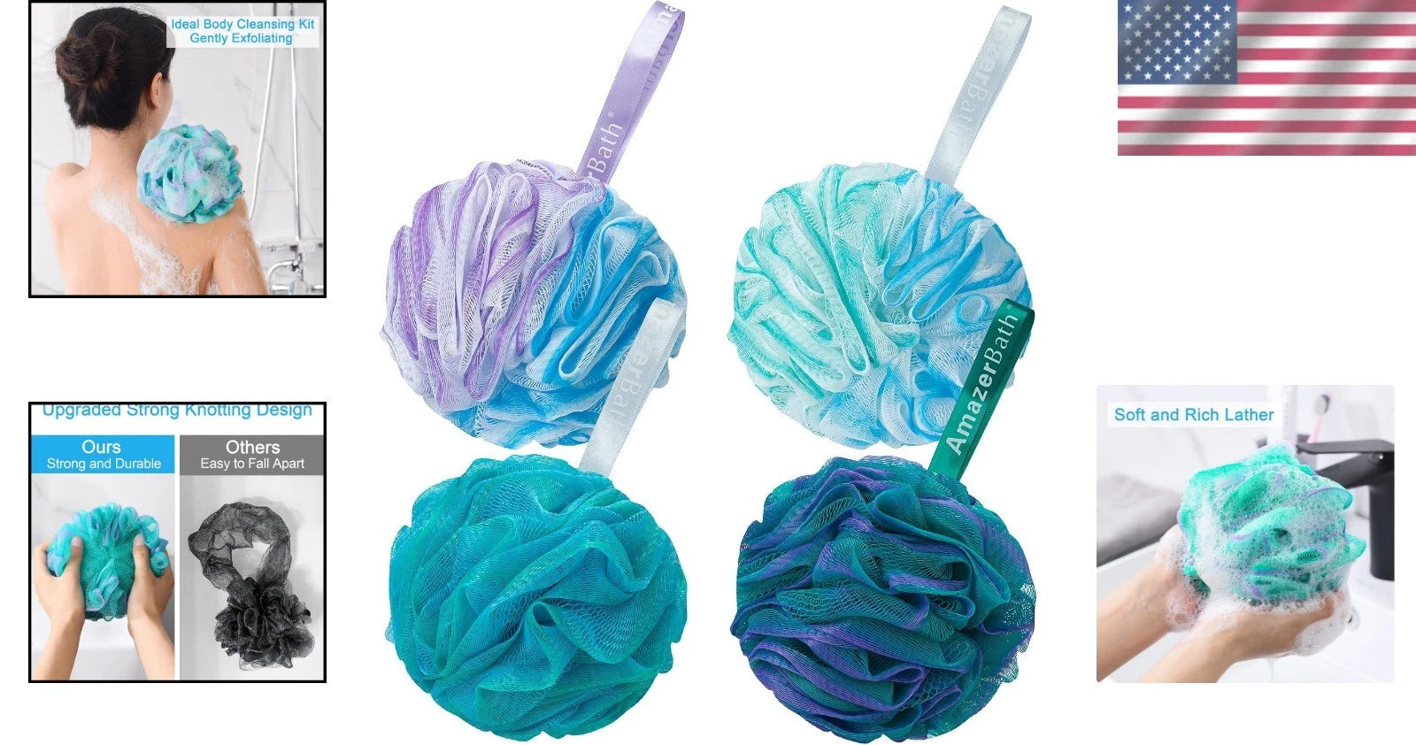 Luxury Exfoliating Loofah Sponge Set of 4 - Extra Large, Colorful Body Scrubbers