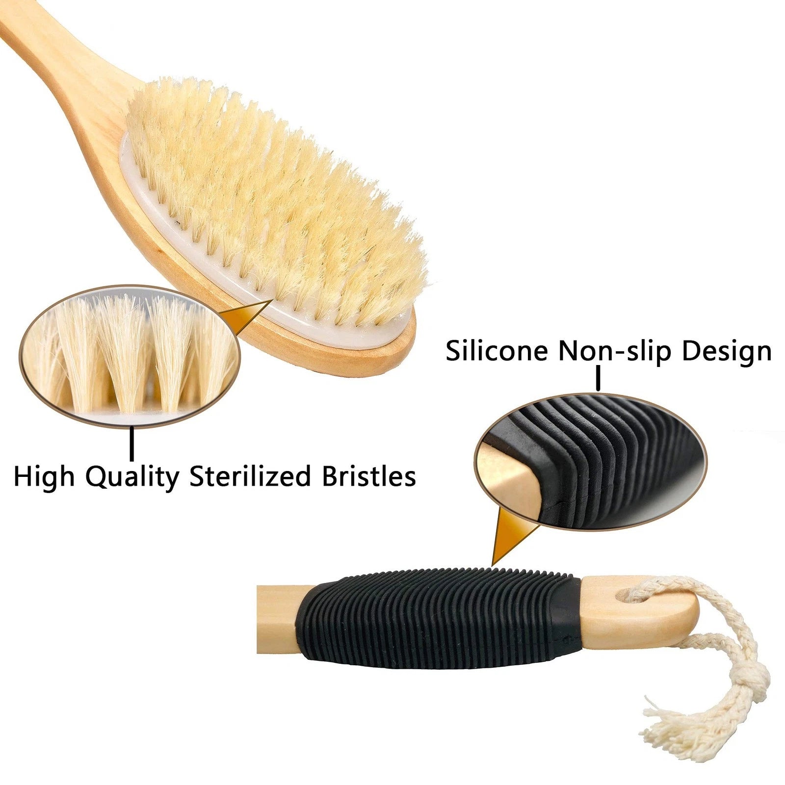 Bath Brush Wooden Curved Long Handle Antiskid Shower for Exfoliating Natural