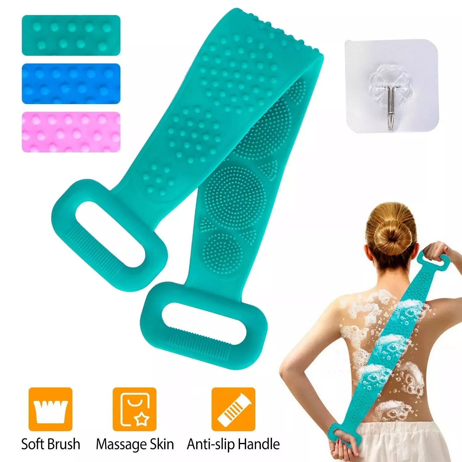 Silicone Back Scrubber Belt For Shower Exfoliating Foaming Body Wash Strap Brush
