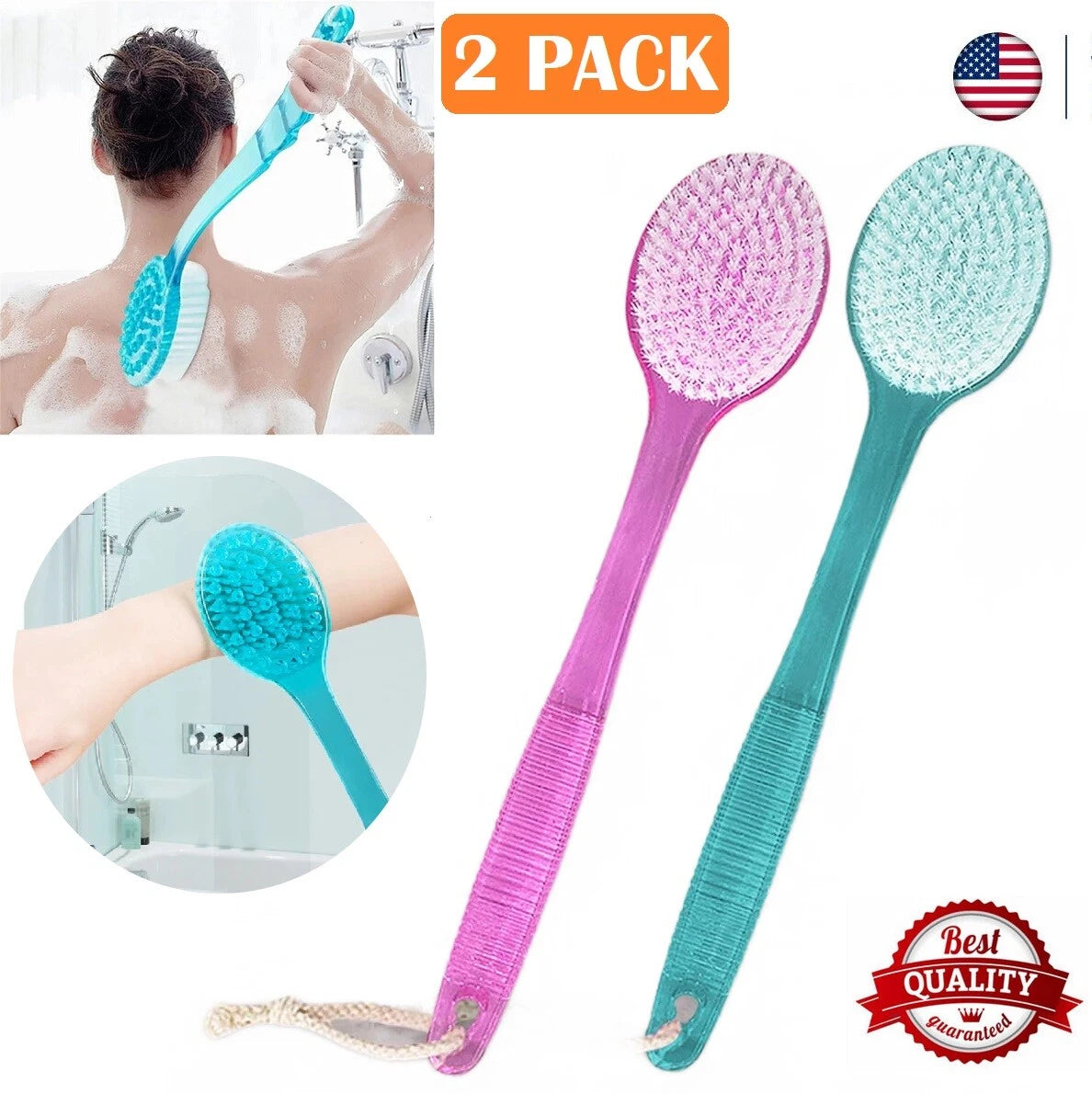 2× Long Handle Back Shower Exfoliating Bath Body Brush Scrubber Massager 14.2 in