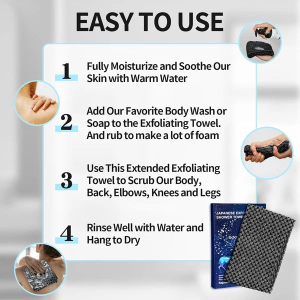 Exfoliating Washcloth Shower Towels, Premium Japanese Exfoliating Body Scrubber,