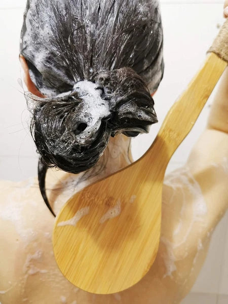 Chikoni Dry Bath Body Brush Back Scrubber with Anti-Slip Long Wooden Handle, Nat