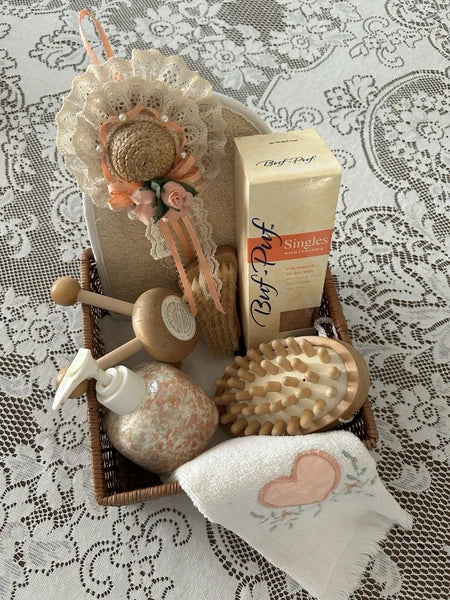 Basket Of Health & Beauty Items.  Brushes, Massage Tools, Lufa Sponge & Mitten