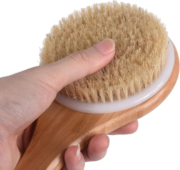 Chikoni Dry Bath Body Brush Back Scrubber with Anti-Slip Long Wooden Handle, Nat