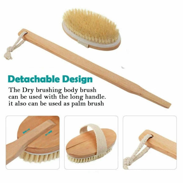 Durable Natural Long-Handled Bath Shower Body Back Dry Skin Spa Scrubber Brush C