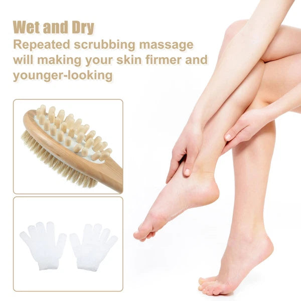 Dry Brushing Body Brush Set Dual Sided Long Handle Back Scrubber for Wet Dry