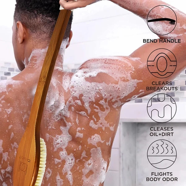 -17.71Inch Natural Boar Bristles Anti-Slip Curved Long Handle Bath Brush,Bent...