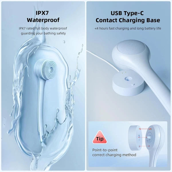 Electric Body Brush Waterproof Rechargeable Dual Handle Bath Scrubber with 3 ...