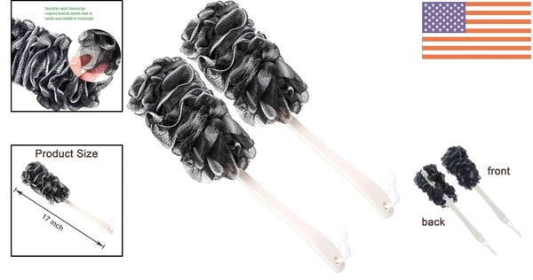 Dual-Pack Long Handle Back Scrubber - Soft Nylon Mesh Bath Brush for Men & Women