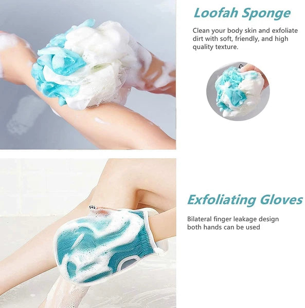 Exfoliating Back Scrubber Shower Bath Body Washer Glove Mitt Sponge Brush Set