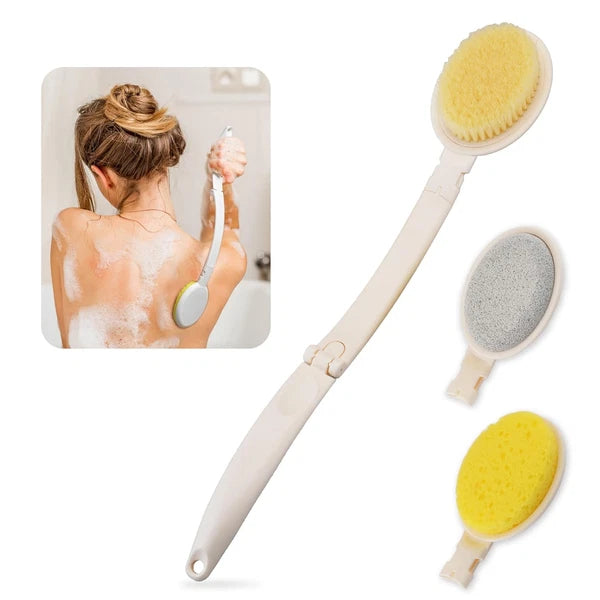 3-In-1 Long Handle Shower Brush Set – 19" Foldable Back Scrubber with Soft Brush