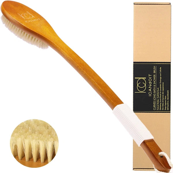 -17.71Inch Natural Boar Bristles Anti-Slip Curved Long Handle Bath Brush,Bent...