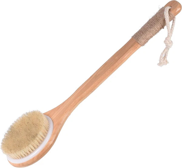 Chikoni Dry Bath Body Brush Back Scrubber with Anti-Slip Long Wooden Handle, Nat