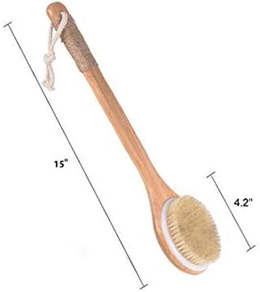 Chikoni Dry Bath Body Brush Back Scrubber with Anti-Slip Long Wooden Handle, Nat