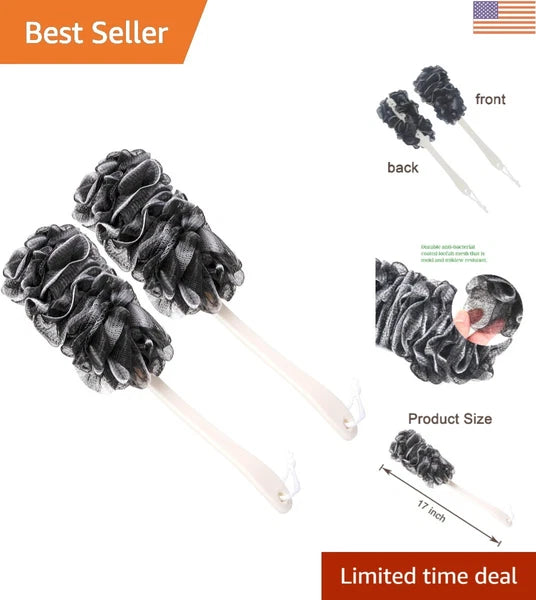 Dual-Pack Long Handle Back Scrubber - Soft Nylon Mesh Bath Brush for Men & Women
