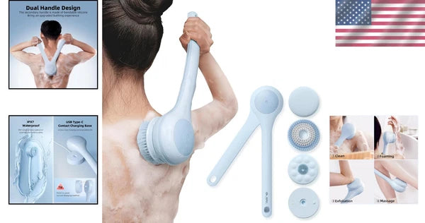 Electric Body Brush Waterproof Rechargeable Dual Handle Bath Scrubber with 3 ...