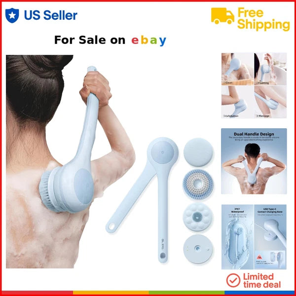 Electric Body Brush Waterproof Rechargeable Dual Handle Bath Scrubber with 3 ...