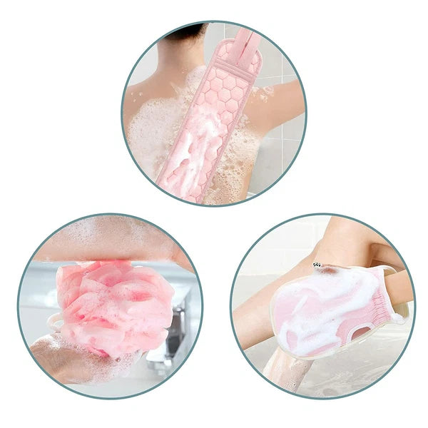 Exfoliating Back Scrubber Shower Bath Body Washer Glove Mitt Sponge Brush Set