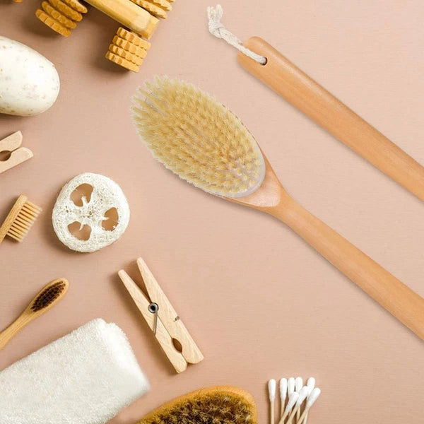 Bath Brushes with Soft and Natural Bristles Antiskid Wooden Long Handle Showe...
