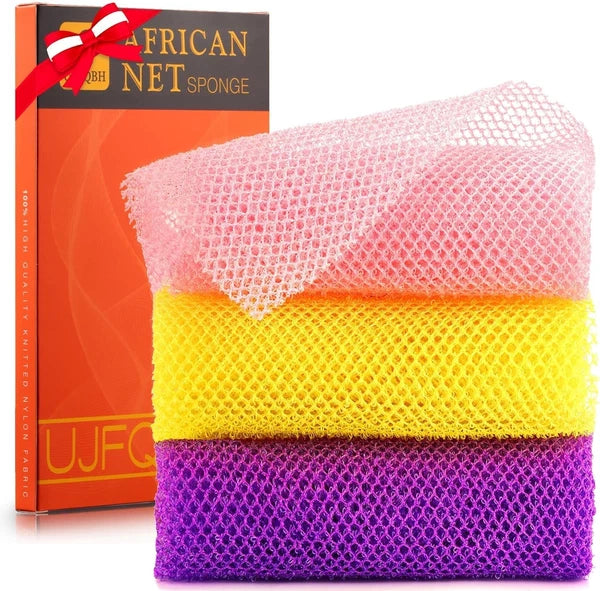 African Exfoliating Net Sponge 3 Pack Body Scrubber for Shower Back Cleaning