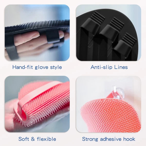 Silicone Back Scrubber(Thick Bristles) & Soft Bath Glove Set, Super-Exfoliati...