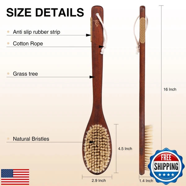 Wooden Bath Brush with Stiff Sisal Bristles Long Handle for Shower Back Scrub